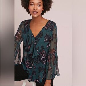 Anthropologie feather bone silk sheer bell split sleeve house top M fairy Artsy